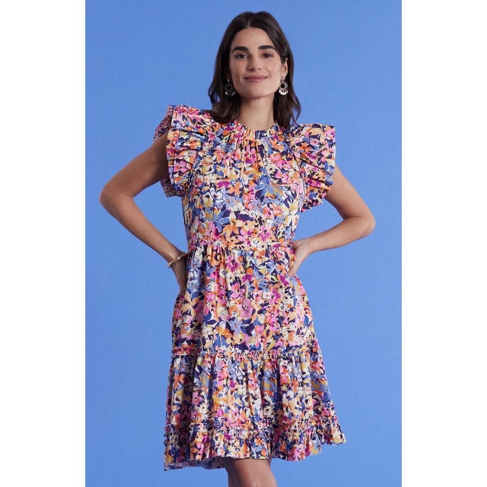 NWT Tyler Boe Ursula Bouquet Print Ruffle Neck Tiered Skirt A-Line Dress Size XS
